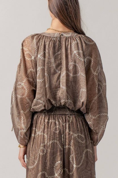 Rope Print Ruched Sleeve Blouse & Smocked Waist Skirt Set