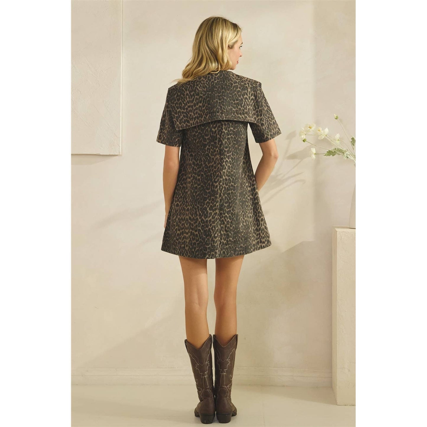 Collared Leopard Printed Denim Mini Dress
