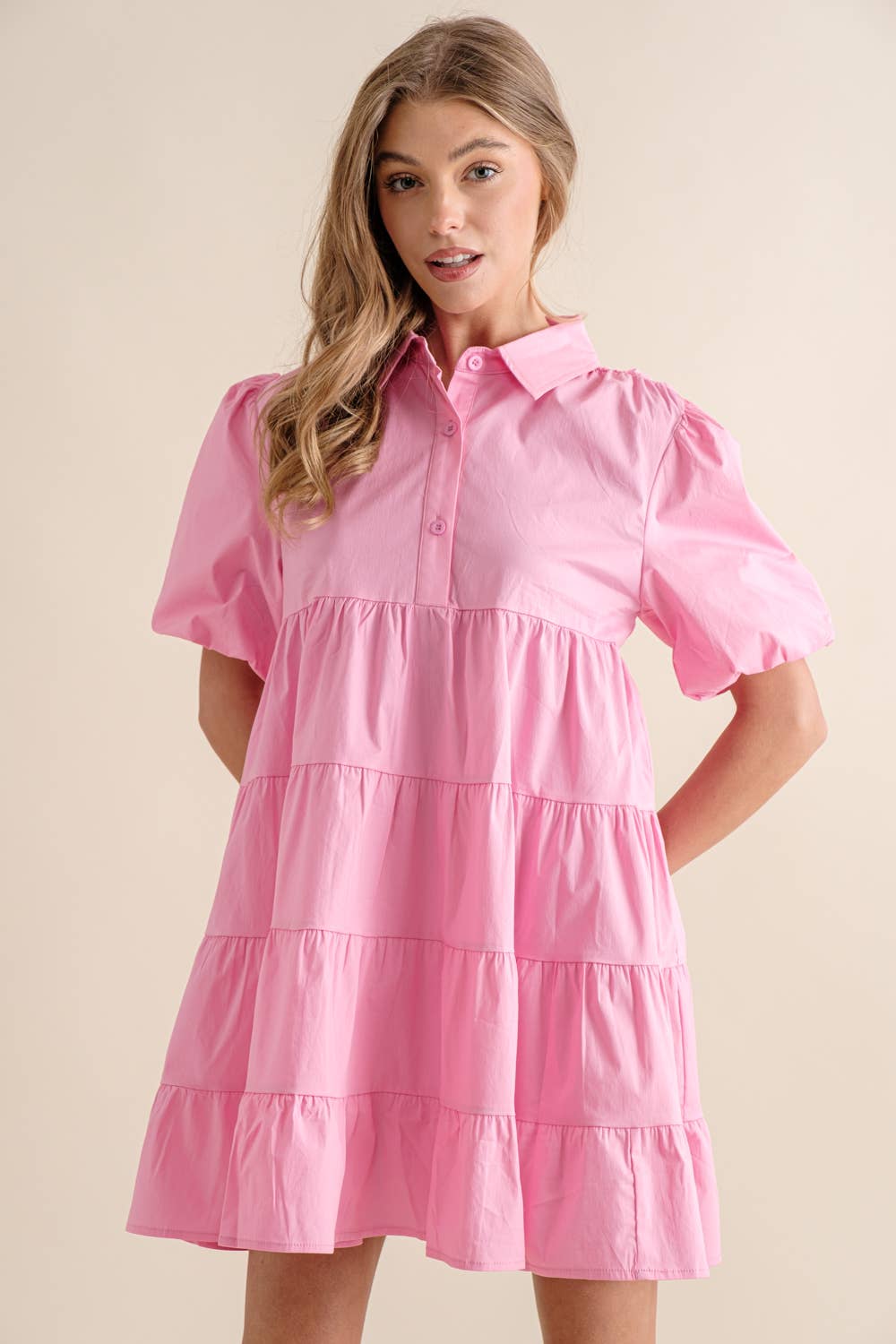Button Up Tiered Puff Sleeve Shirt Dress