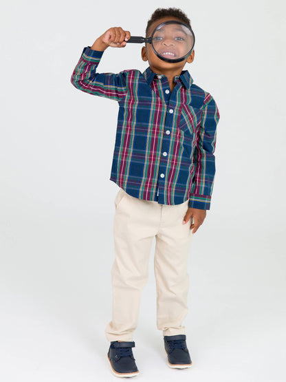 Boys Navy Plaid Button Down Shirt