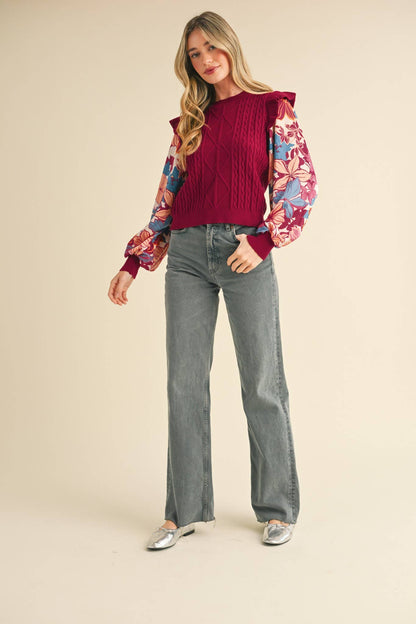 Floral Plum Mixed Media Sweater
