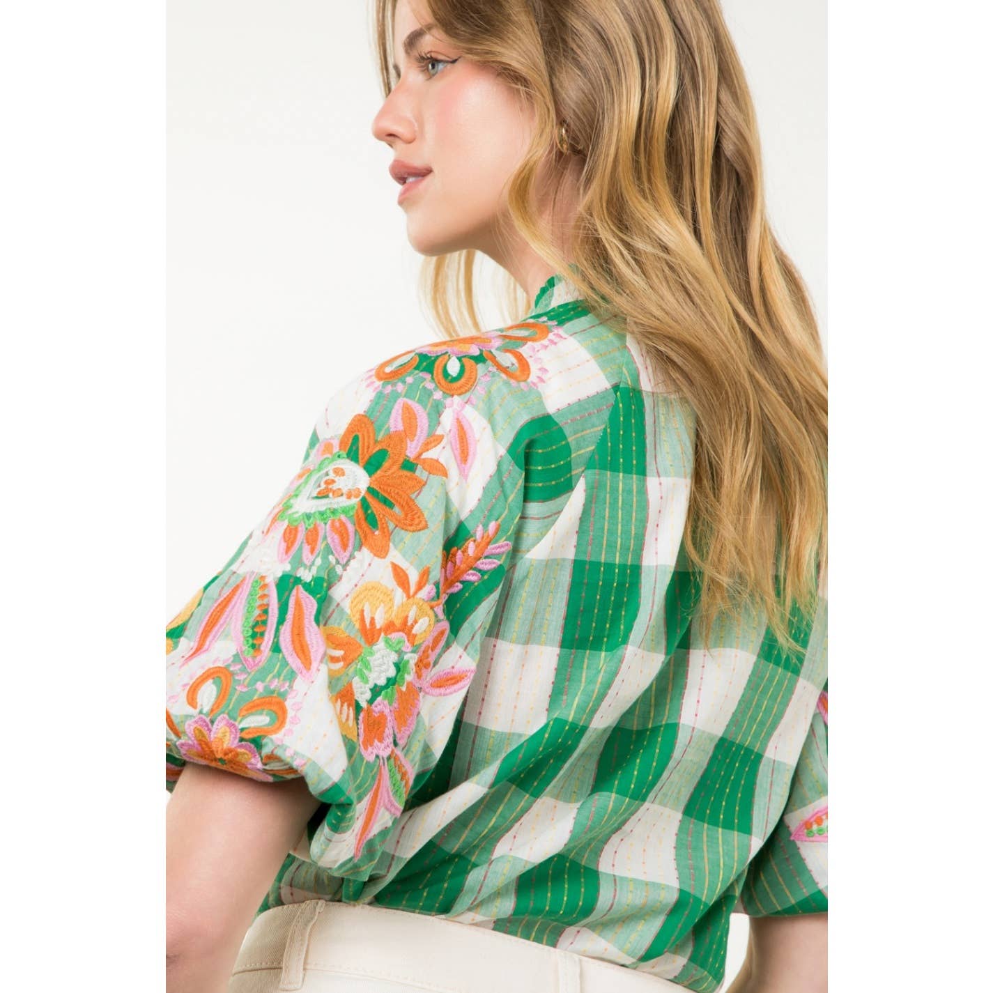 Embroidered Puff Sleeve Plaid Top