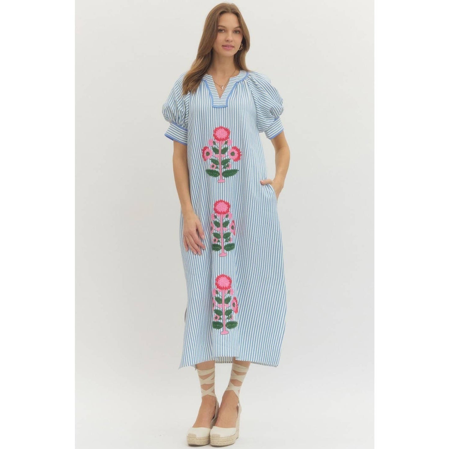 Floral Embroidery Stripe Midi Dress