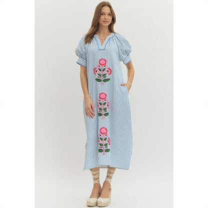 Floral Embroidery Stripe Midi Dress