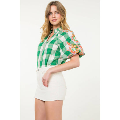 Embroidered Puff Sleeve Plaid Top