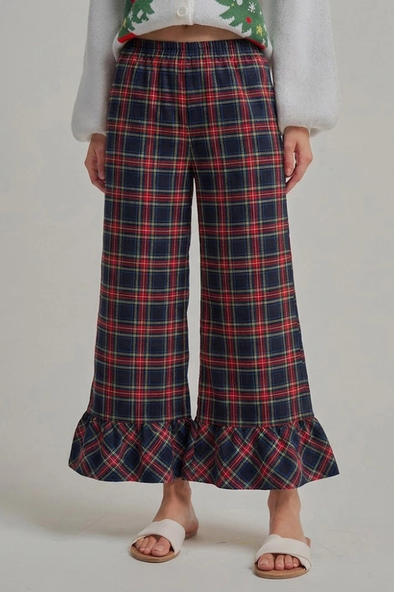 Plaid Wide Leg Ruffle Pants
