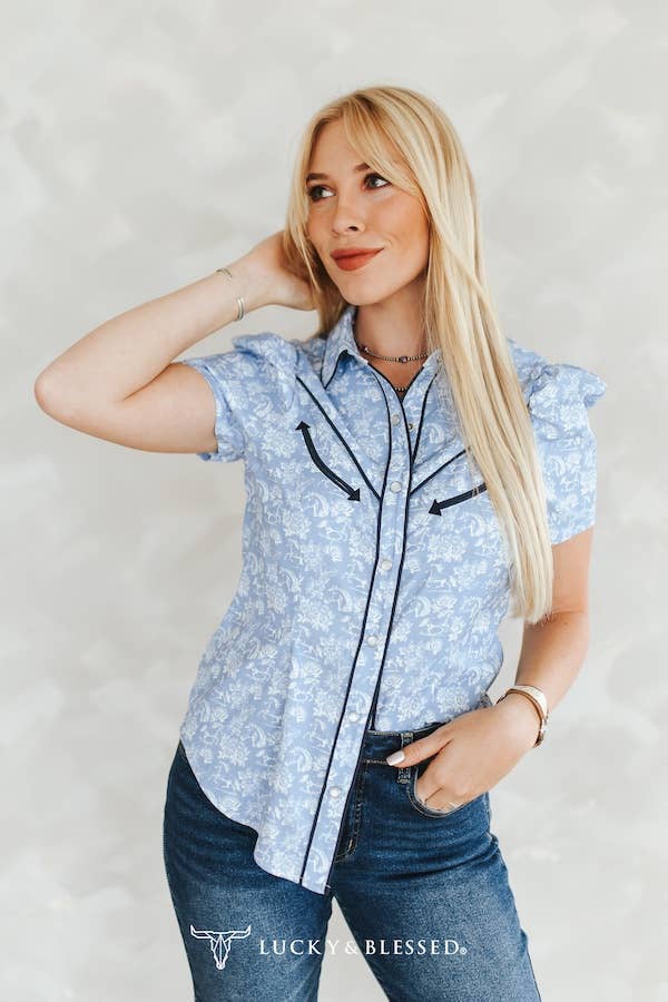Blue Western Puff Sleeve Pearl Snap Shirt