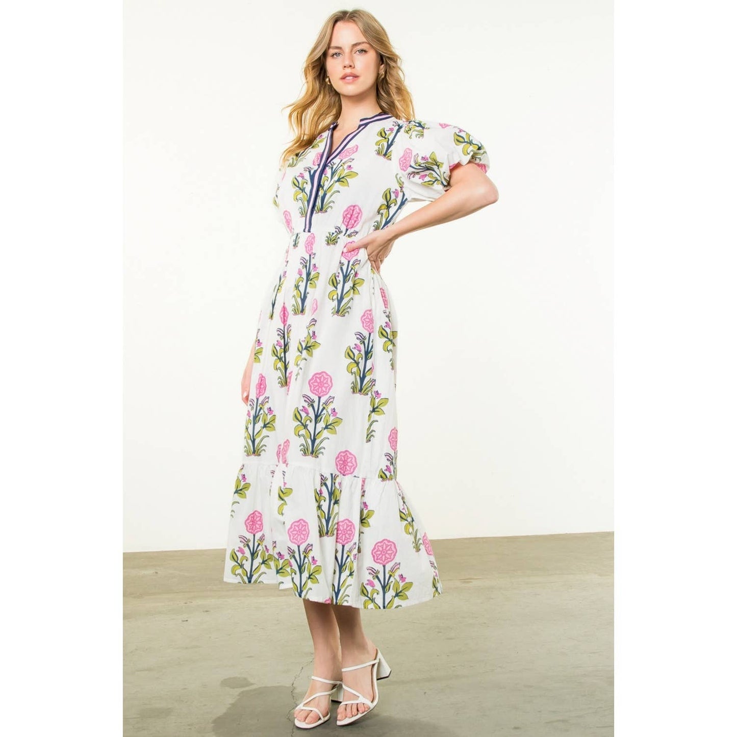 Puff Sleeve Flower Print Maxi Dress