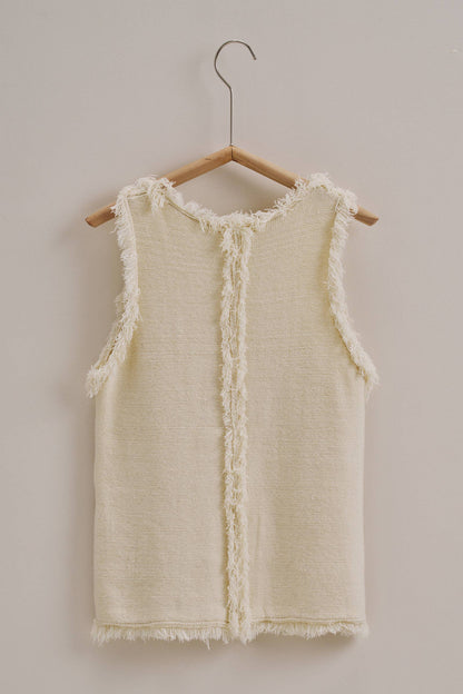 Frayed Trim Textured Knit Sleeveless Top