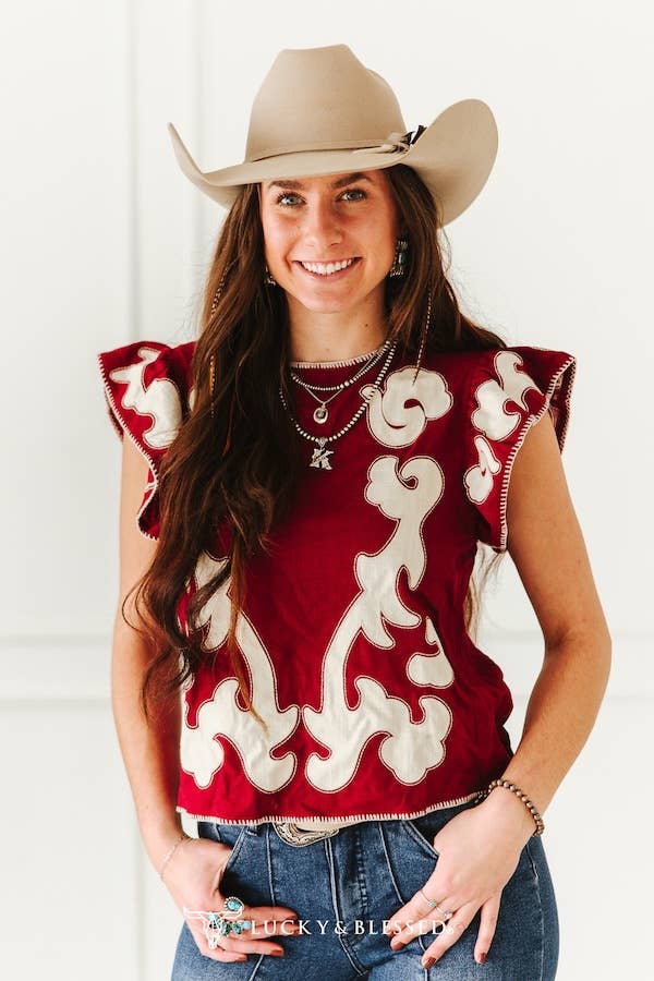 Lucky & Blessed Deep Red Scroll Blouse