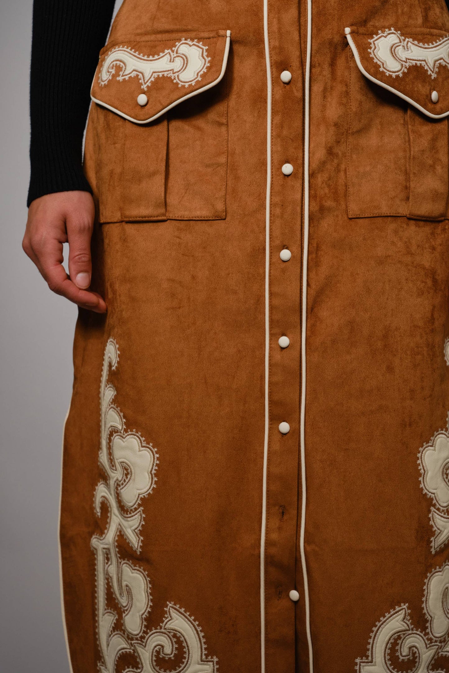 Suede Embroidered Patch Midi Skirt