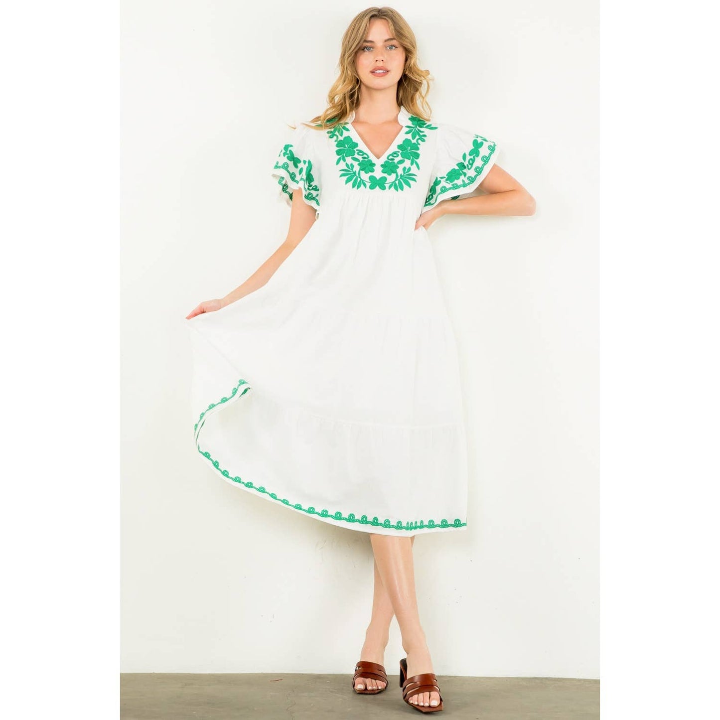 Flutter Sleeve Embroidered Dress