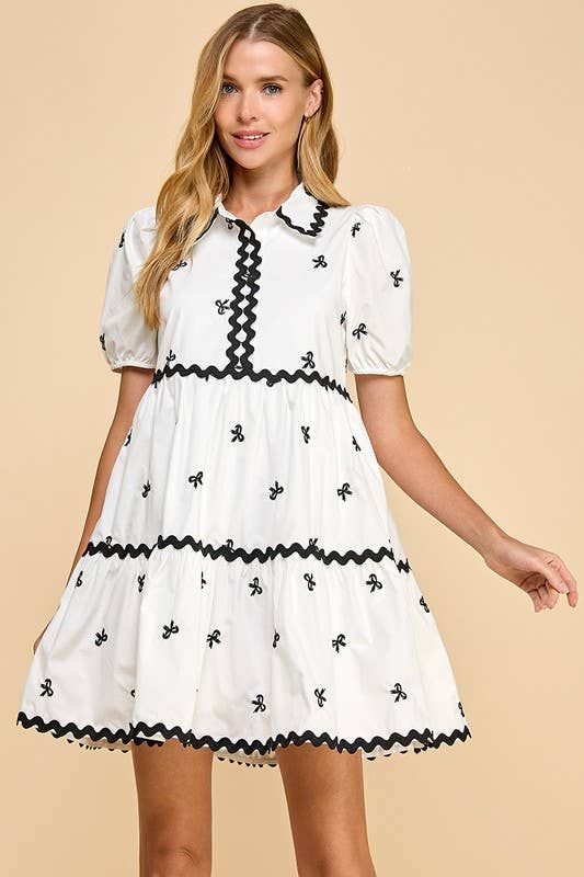 Embroidered Bow Printed Shirt Dress