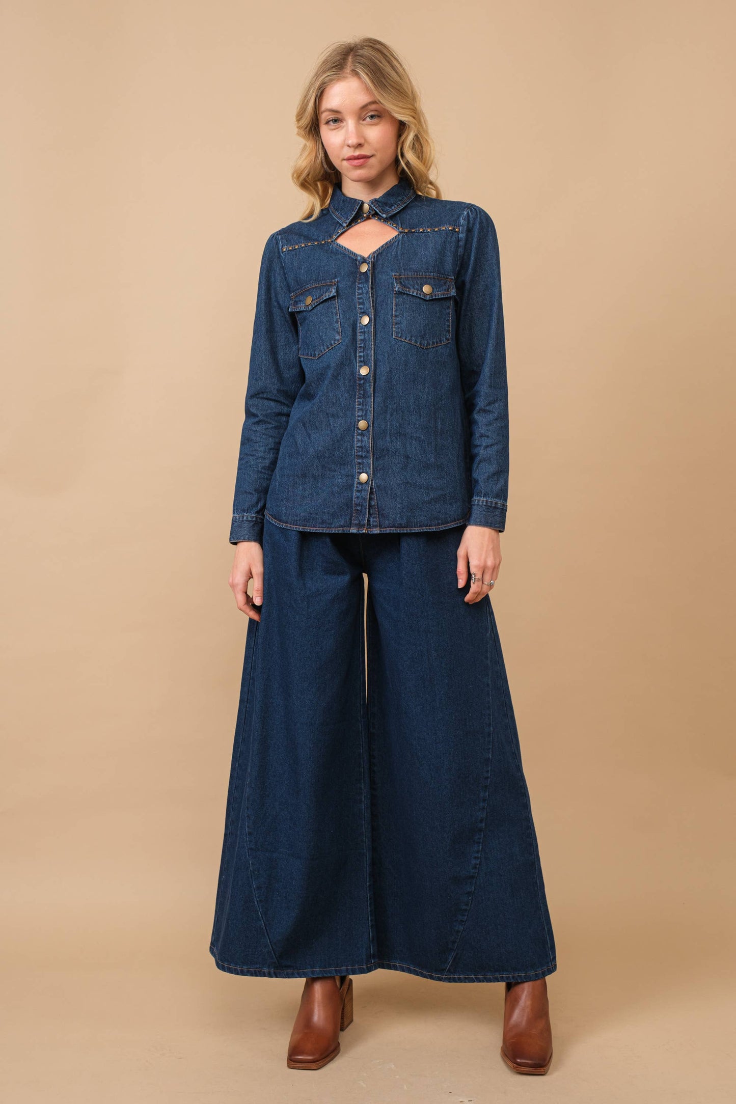 Chambray Cut Out Studded Collard Shirt Blouse