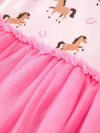Girl's Western Horse Print Tulle Ruffle Dress