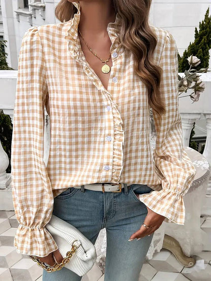 Ruffled Shirt Long-sleeve Plaid Blouse