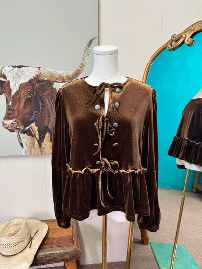 Brown Velvet Long Sleeve Peplum Top