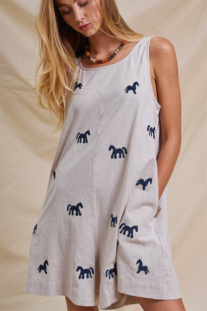 Embroidered Pony Cotton Linen Sleeveless Romper
