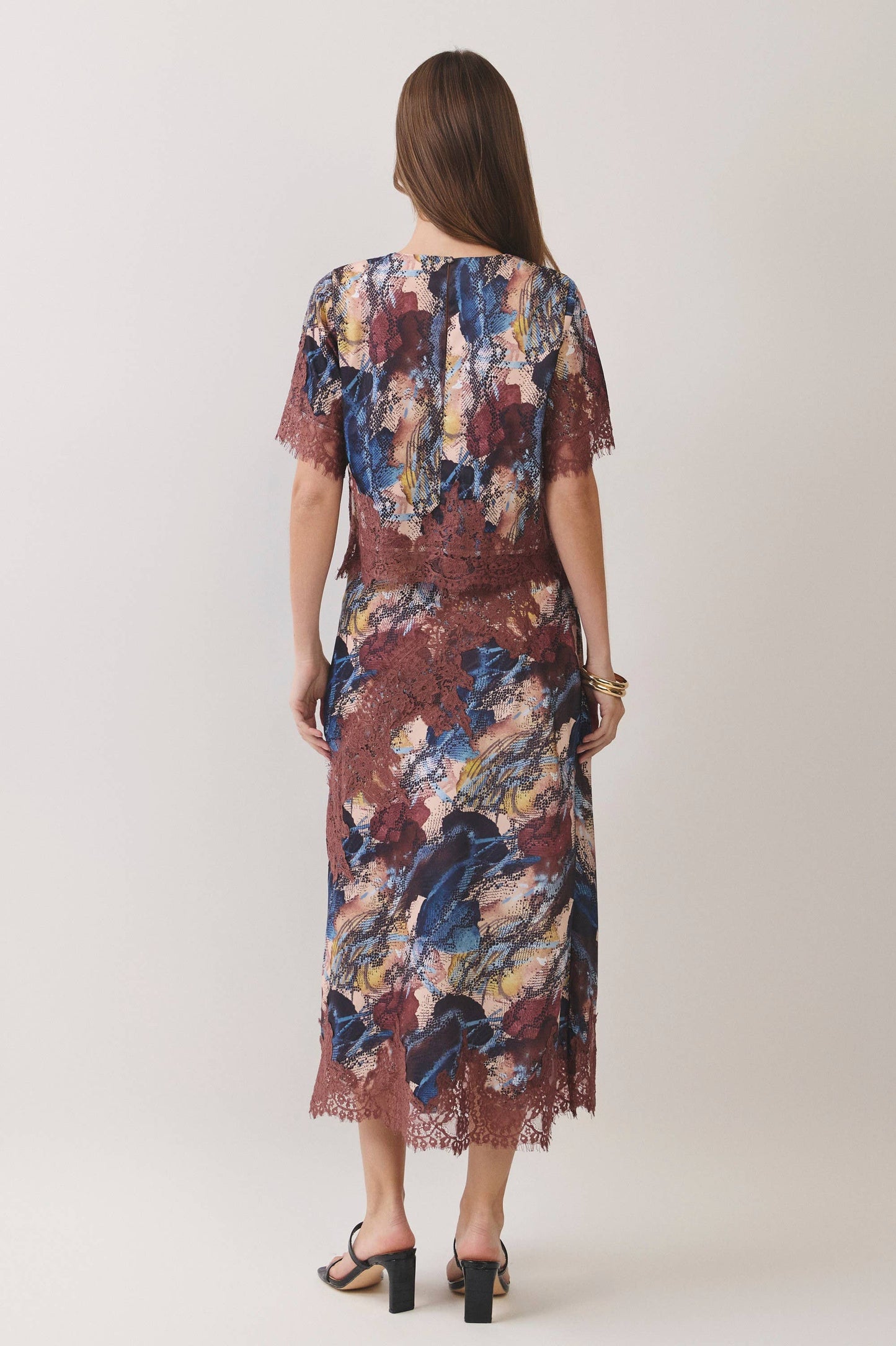 TCEC Abstract Print Lace Trim Midi Skirt