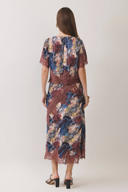 TCEC Abstract Print Lace Trim Midi Skirt