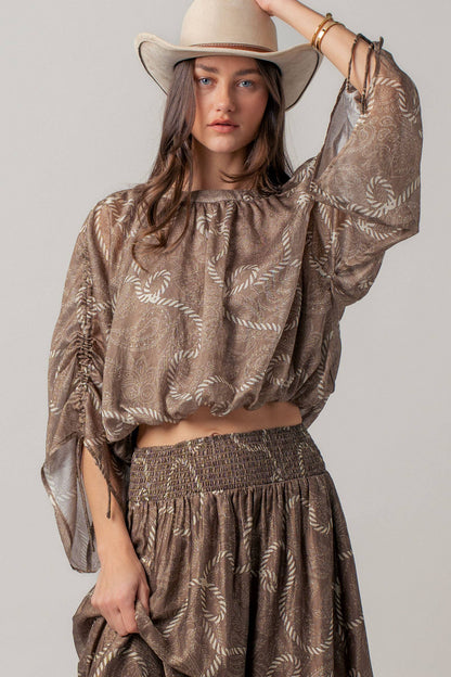 Rope Print Ruched Sleeve Blouse & Smocked Waist Skirt Set