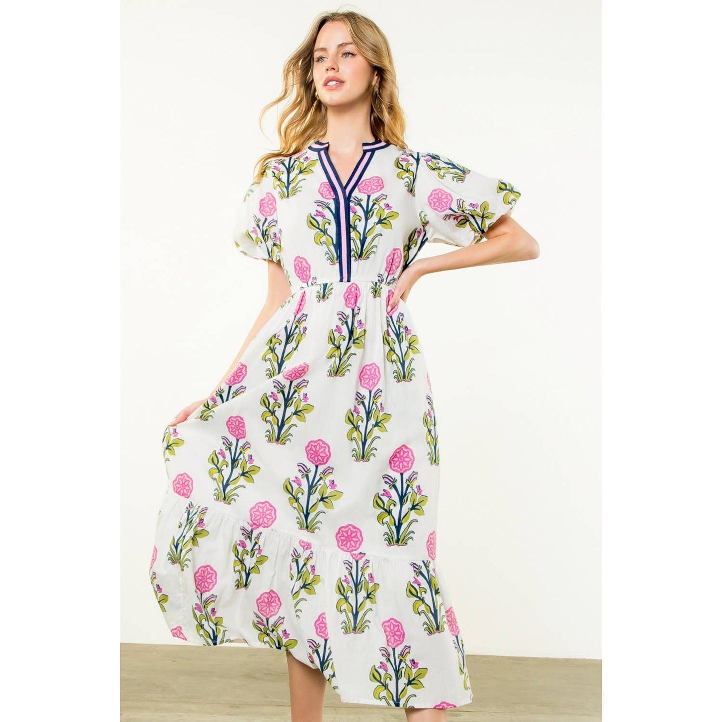 Puff Sleeve Flower Print Maxi Dress