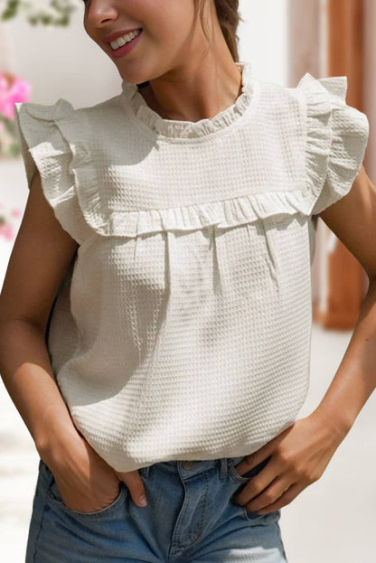 Ruffle Trim Waffle Knit Blouse