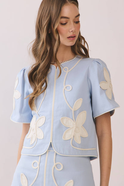Floral Appliqué Short Puff Sleeve Structured Top & Front Slit Mini Skirt Set