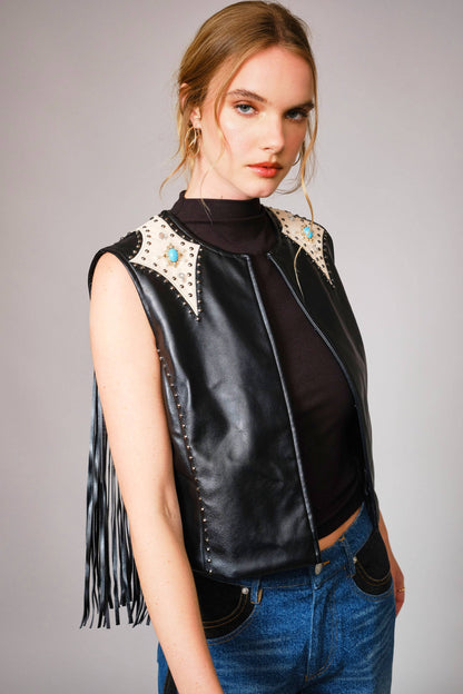 Faux Leather Fringe Studded Western Vest