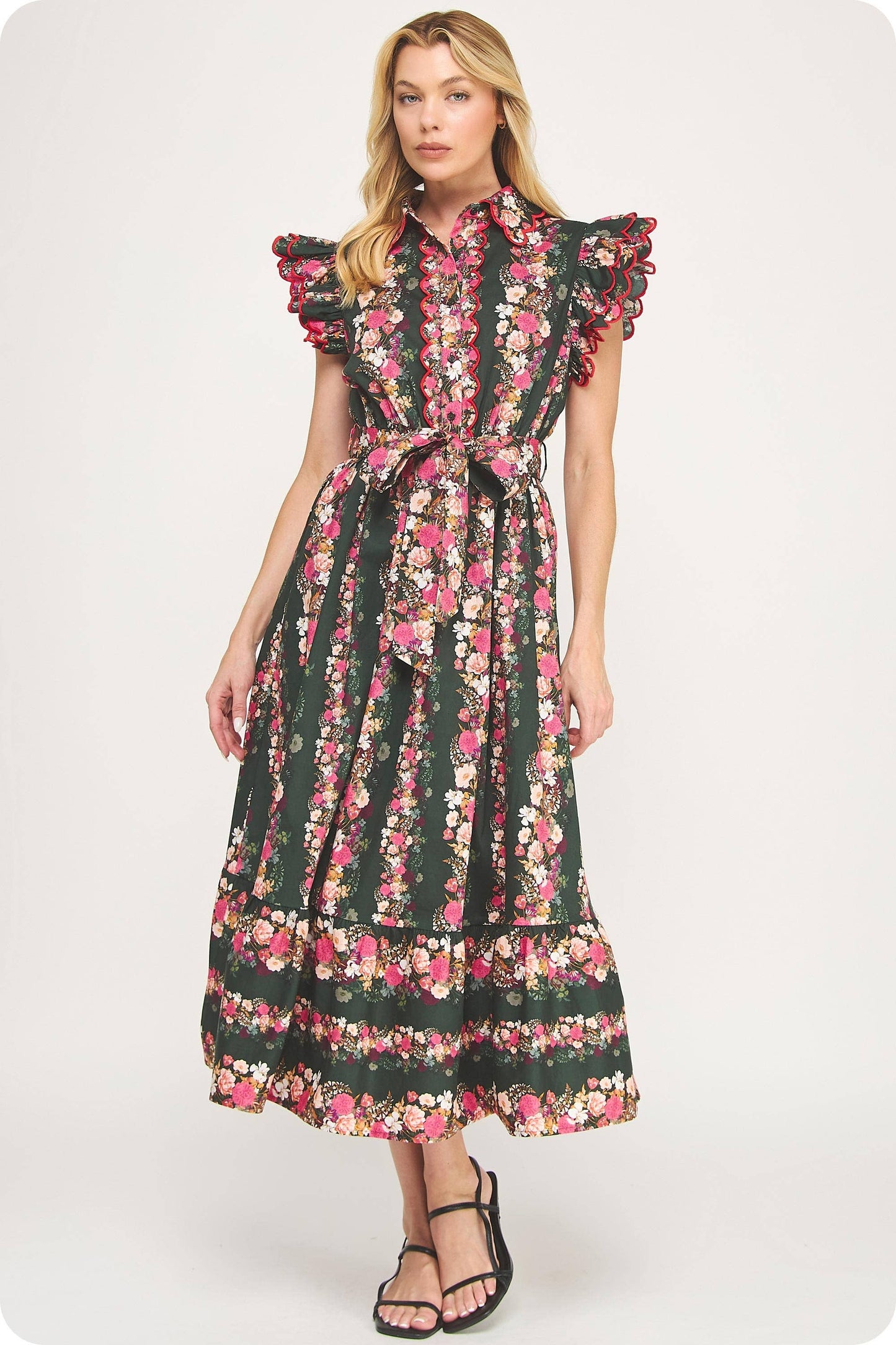 Ruffle Scallop Embroidery Floral Midi Dress
