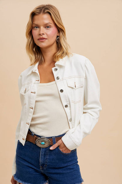 Shirred Sleeve Cropped Demin Jacket