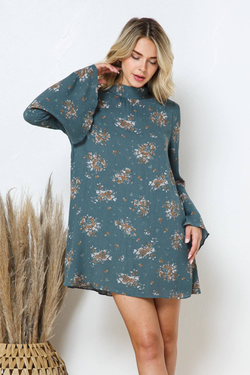 Floral Bell Mock Neck Back Open Tie Neck Mini Dress