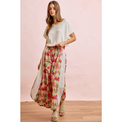 Floral Eyelet Side Elastic Waist Wide Leg Pants