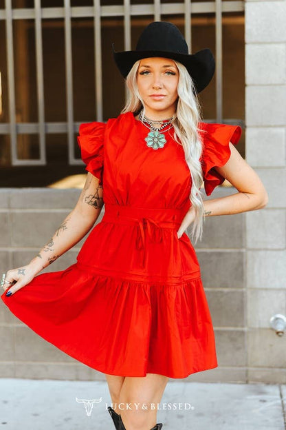Red Short Sleeve Ruffle Western Dress
