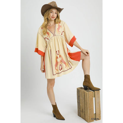 Western Horse Embroidered V Neck Babydoll Dress