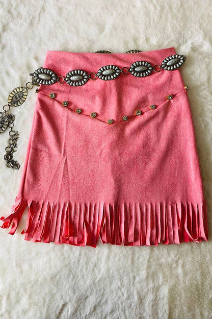 Girl's Pink Faux Suede Fringe Skirt