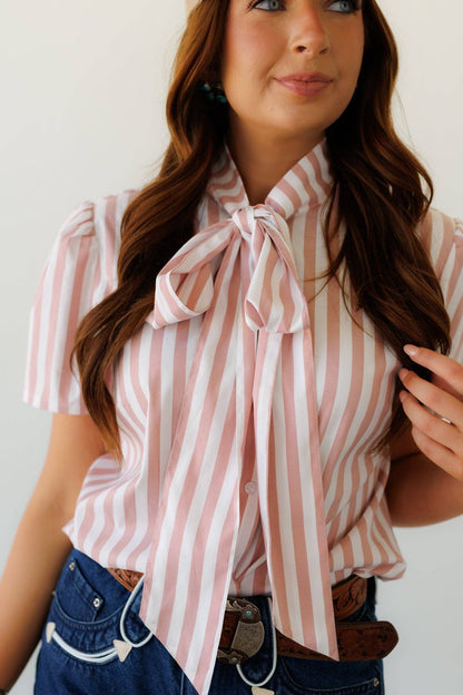 Howdy Hanny Mauve Stripe Bow Tie Blouse