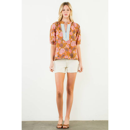 Short Sleeve Floral Pattern V-Neck Top
