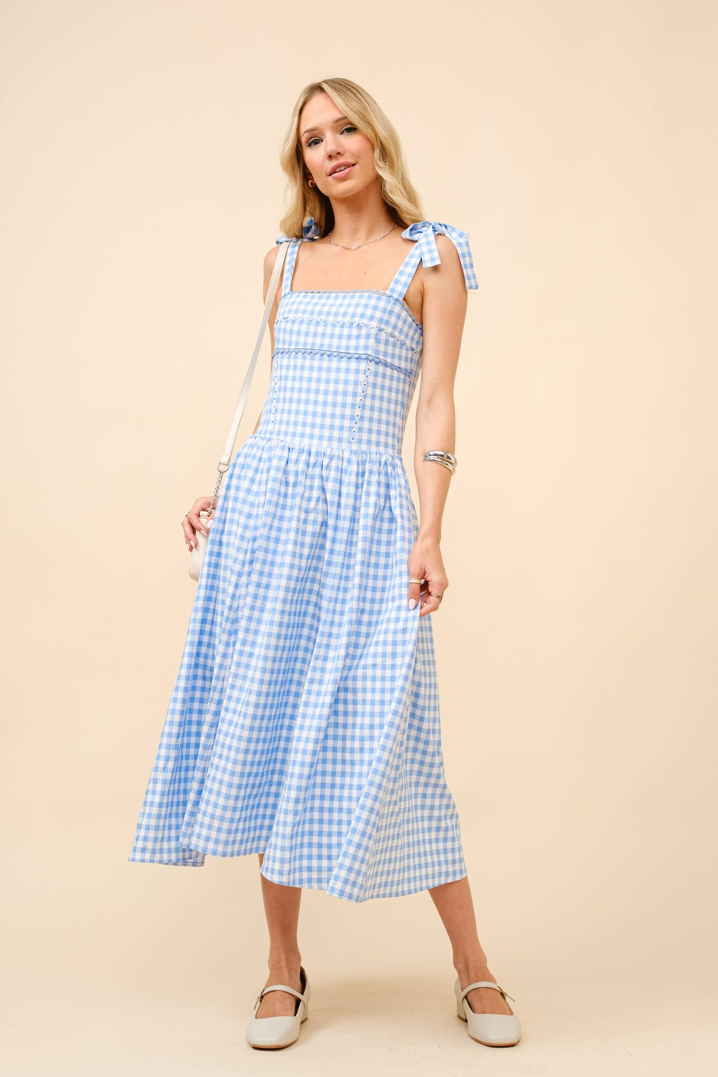 Gingham Tie Shoulder Midi Dress
