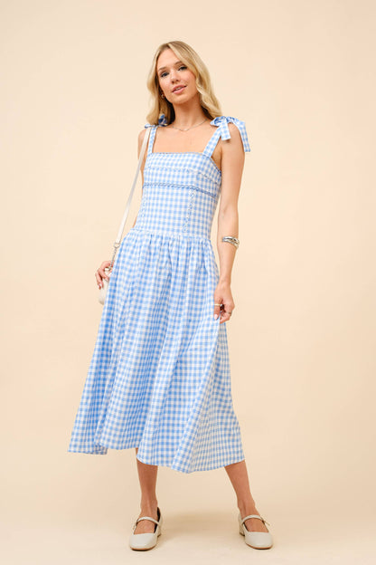 Gingham Tie Shoulder Midi Dress