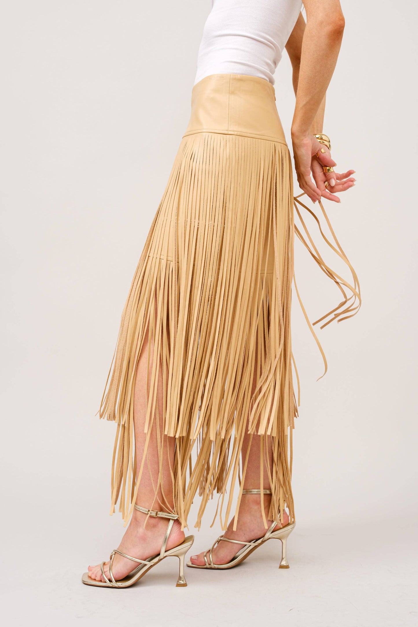 Faux Leather Tiered Fringe Maxi Skirt