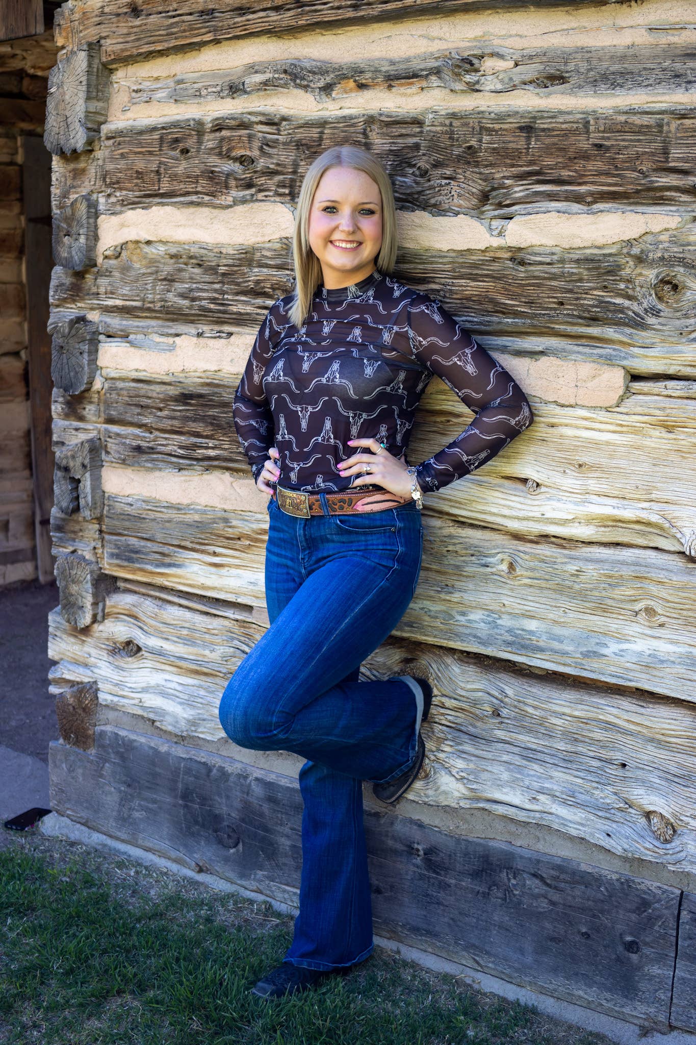 Cowskull Pattern Long Sleeve Western Mesh Top