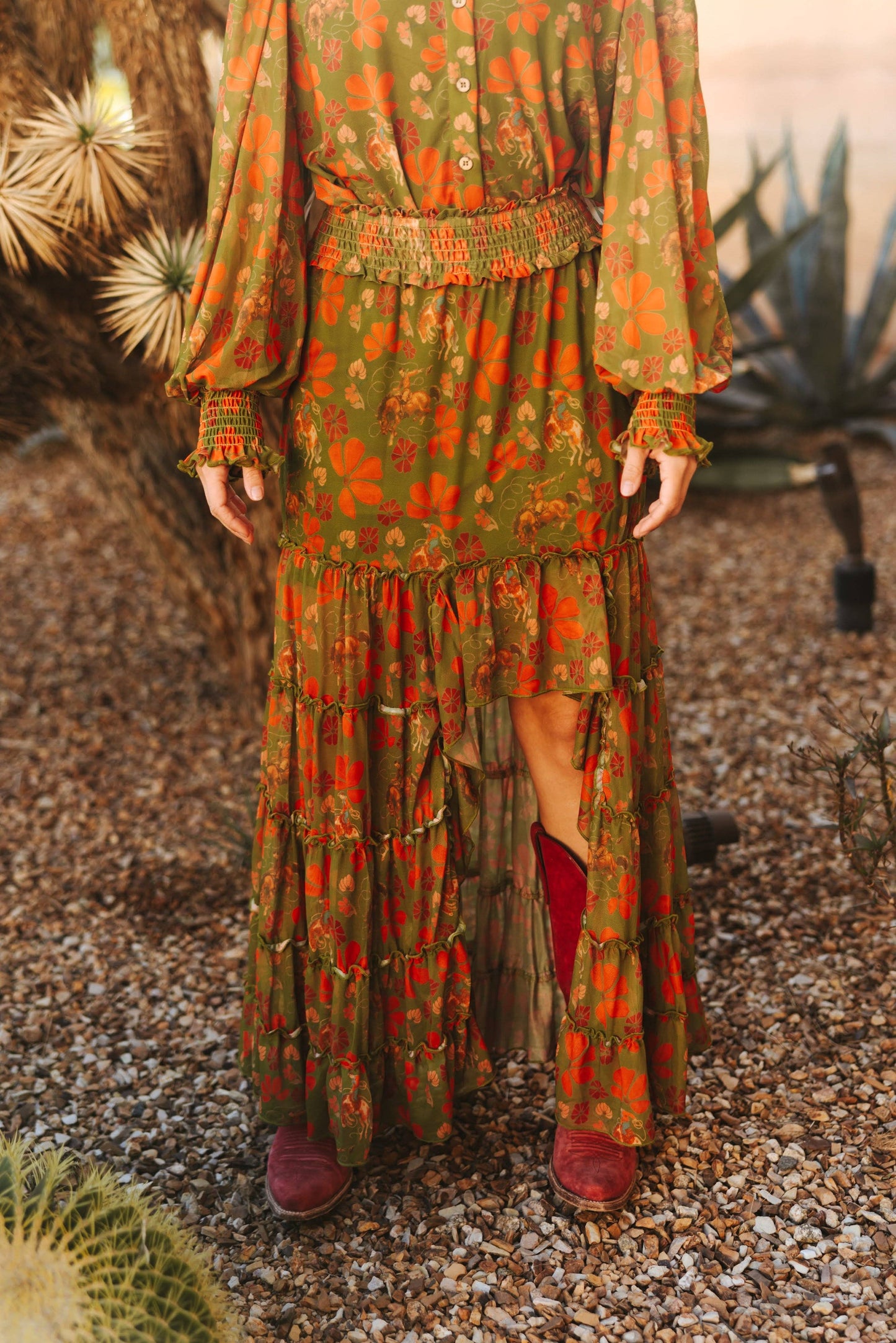 Olive Retro Cowboy Mesh Skirt