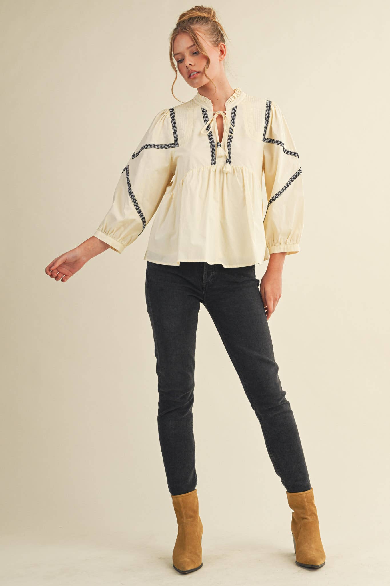 Embroidery Trim Babydoll Blouse