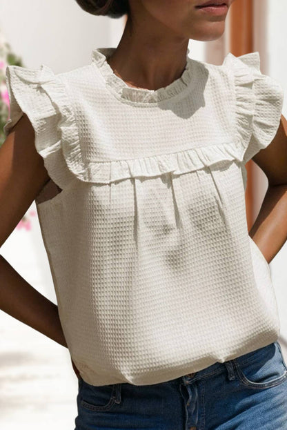 Ruffle Trim Waffle Knit Blouse