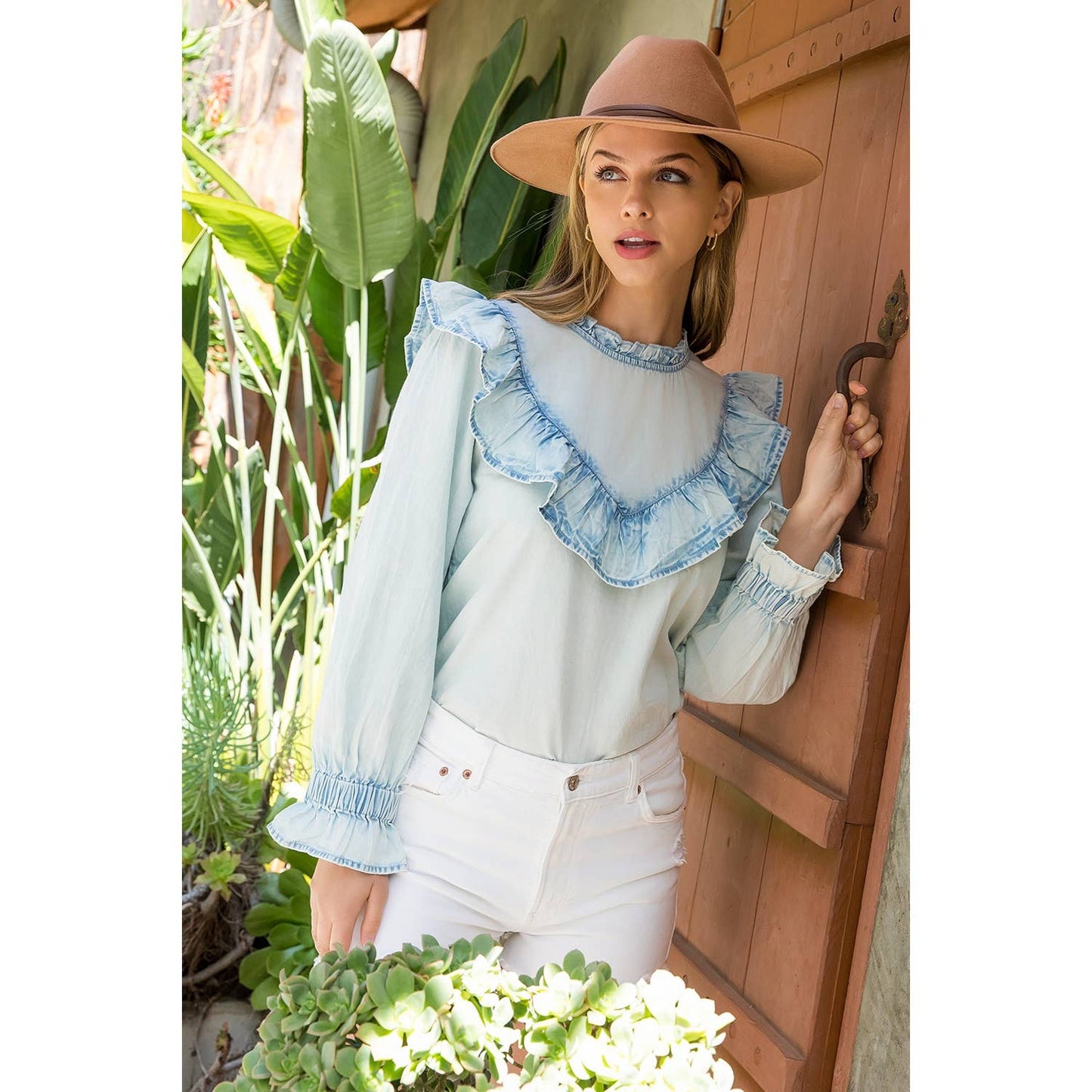 Long Sleeve Ruffle Denim Top