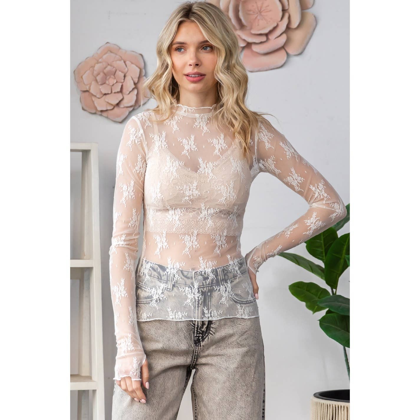 Lace Long Sleeve See Through Ivory Top