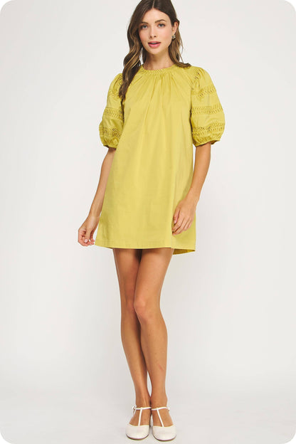 Reverse Pintuck Puff Sleeve Mini Dress