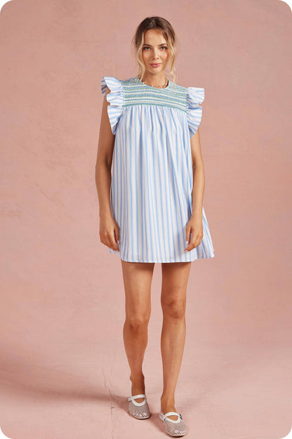 Stripe Color Smocking Detail Mini Dress