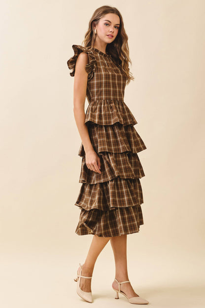 Plaid Round Neck Ruffled Cap Sleeves Midi Dress